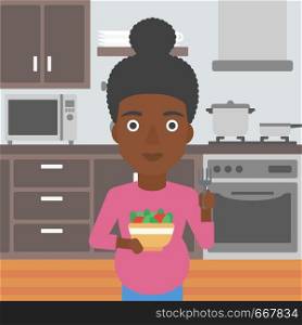 An african-american young pregnant woman holding bowl with vegetables in kitchen. Concept of healthy nutrition during pregnancy. Vector flat design illustration. Square layout.. Pregnant woman with vegetables and fruits.