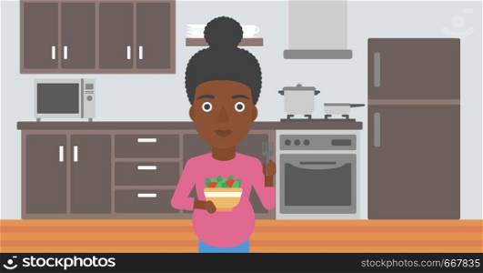 An african-american young pregnant woman holding bowl with vegetables in kitchen. Concept of healthy nutrition during pregnancy. Vector flat design illustration. Horizontal layout.. Pregnant woman with vegetables and fruits.