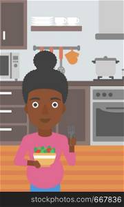 An african-american young pregnant woman holding bowl with vegetables in kitchen. Concept of healthy nutrition during pregnancy. Vector flat design illustration. Vertical layout.. Pregnant woman with vegetables and fruits.