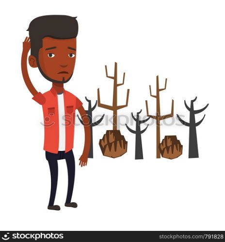 An african-american young sad man scratching head on the background of dead forest. Dead forest caused by global warming or wildfire. Vector flat design illustration isolated on white background.. Forest destroyed by fire or global warming.