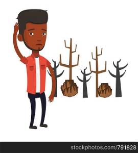 An african-american young sad man scratching head on the background of dead forest. Dead forest caused by global warming or wildfire. Vector flat design illustration isolated on white background.. Forest destroyed by fire or global warming.
