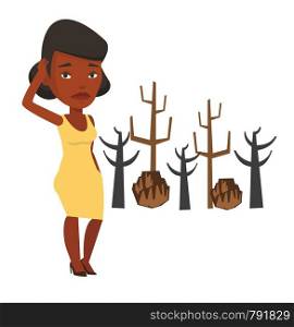 An african-american young sad woman scratching head on the background of dead forest. Dead forest caused by global warming or wildfire. Vector flat design illustration isolated on white background.. Forest destroyed by fire or global warming.