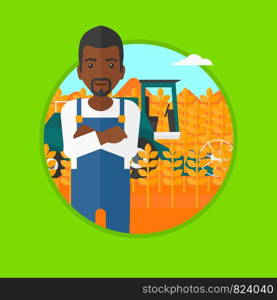 An african-american young satisfied farmer standing on the background of combine working in wheat field. Combine harvesting wheat. Vector flat design illustration in the circle isolated on background.. Man standing with combine on background.