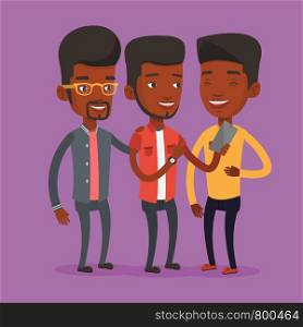 An african-american young smiling man showing something to friends on his mobile phone. Three happy friends looking at smartphone and laughing. Vector flat design illustration. Square layout.. Three smiling friends looking at mobile phone.
