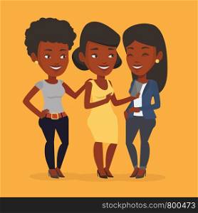 An african-american young smiling woman showing something to her friends on smartphone. Three happy female friends looking at smartphone and laughing. Vector flat design illustration. Square layout.. Three smiling friends looking at mobile phone.