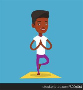 An african-american young sportsman standing in yoga tree pose. Sportsman meditating in yoga tree position. Sporty man doing yoga on the mat. Vector flat design illustration. Square layout.. Man practicing yoga tree pose vector illustration.