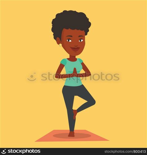 An african-american young sportswoman standing in yoga tree pose. Sportswoman meditating in yoga tree position. Sporty woman doing yoga on the mat. Vector flat design illustration. Square layout.. Young woman practicing yoga tree pose.