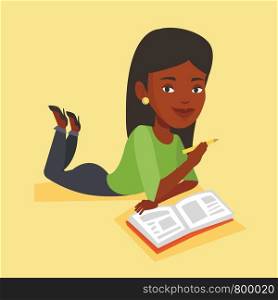An african-american young student laying on the floor and reading a book. Student laying with notebook. Student writing while laying on the floor. Vector flat design illustration. Square layout.. Student laying on the floor and reading book.