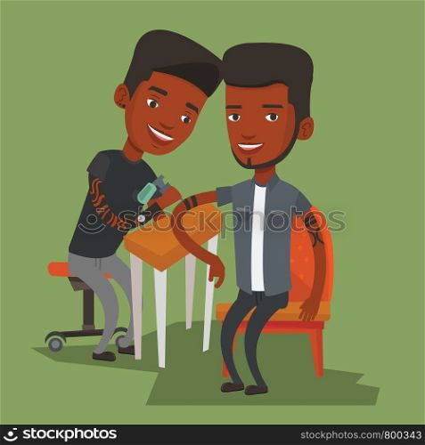 An african-american young tattooist makes a tattoo on the hand of a man. Tattooist makes a tattoo to a client. Professional tattoo artist at work. Vector flat design illustration. Square layout.. Tattoo artist at work vector illustration.
