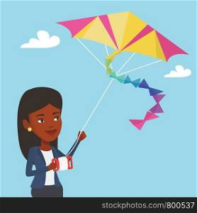 An african-american young woman flying a colourful kite. Smiling woman controlling a kite. Happy woman walking with kite. Vector flat design illustration. Square layout.. Young woman flying kite vector illustration.