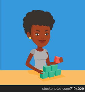 An african-american young woman making pyramid of network avatars. Smiling woman building her social network. Network and communication concept. Vector flat design illustration. Square layout.. Woman building pyramid of network avatars.