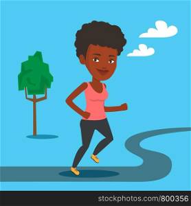 An african-american young woman running. Happy female sporty runner running outdoors. Smiling sportswoman running in the park. Vector flat design illustration. Square layout.. Young woman running vector illustration.