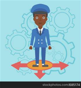An african-american young woman standing on three alternative ways on a blue background with cogwheels. Concept of career choices. Vector flat design illustration. Square layout.. Woman choosing career way.