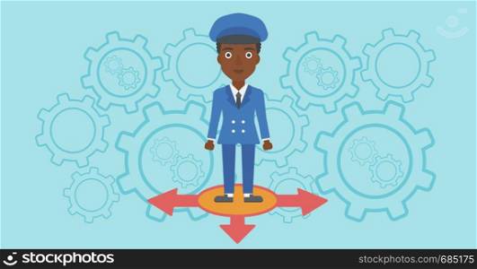 An african-american young woman standing on three alternative ways on a blue background with cogwheels. Concept of career choices. Vector flat design illustration. Horizontal layout.. Woman choosing career way.