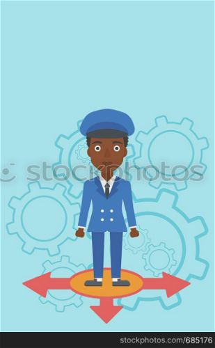 An african-american young woman standing on three alternative ways on a blue background with cogwheels. Concept of career choices. Vector flat design illustration. Vertical layout.. Woman choosing career way.