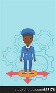 An african-american young woman standing on three alternative ways on a blue background with cogwheels. Concept of career choices. Vector flat design illustration. Vertical layout.. Woman choosing career way.