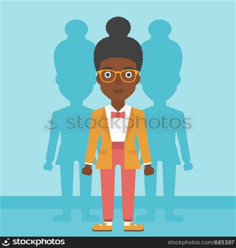 An african-american young woman standing with some shadows behind her. Candidat for a position stand out from crowd. Concept of staff recruitment. Vector flat design illustration. Square layout.. Woman searching for job vector illustration.