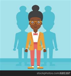 An african-american young woman standing with some shadows behind her. Candidat for a position stand out from crowd. Concept of staff recruitment. Vector flat design illustration. Square layout.. Woman searching for job vector illustration.