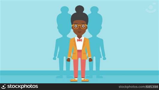 An african-american young woman standing with some shadows behind her. Candidat for a position stand out from crowd. Concept of staff recruitment. Vector flat design illustration. Horizontal layout.. Woman searching for job vector illustration.