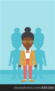 An african-american young woman standing with some shadows behind her. Candidat for a position stand out from crowd. Concept of staff recruitment. Vector flat design illustration. Vertical layout.. Woman searching for job vector illustration.