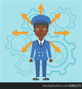 An african-american young woman with many arrows around her head standing on a blue background with cogwheels. Concept of career choices. Vector flat design illustration. Square layout.. Woman choosing career way.