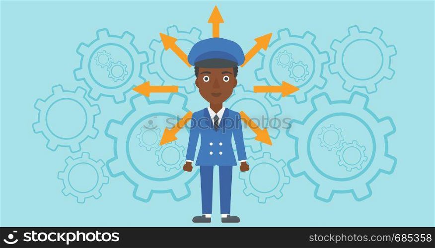 An african-american young woman with many arrows around her head standing on a blue background with cogwheels. Concept of career choices. Vector flat design illustration. Horizontal layout.. Woman choosing career way.