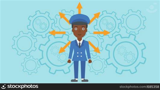 An african-american young woman with many arrows around her head standing on a blue background with cogwheels. Concept of career choices. Vector flat design illustration. Horizontal layout.. Woman choosing career way.