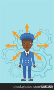 An african-american young woman with many arrows around her head standing on a blue background with cogwheels. Concept of career choices. Vector flat design illustration. Vertical layout.. Woman choosing career way.