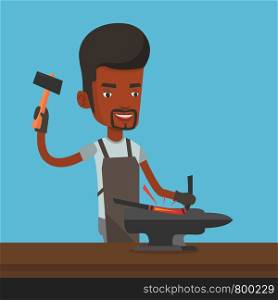 An african blacksmith working metal with hammer on the anvil in the forge. Blacksmith at work in smithy. Blacksmith forging the molten metal on anvil. Vector flat design illustration. Square layout.. Blacksmith working metal with hammer on the anvil.
