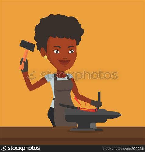 An african blacksmith working metal with hammer on the anvil in the forge. Blacksmith at work in smithy. Blacksmith forging the molten metal on anvil. Vector flat design illustration. Square layout.. Blacksmith working metal with hammer on the anvil.