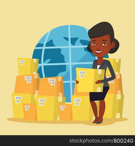 An african business woman holding box on the background of world map. Woman working in international delivery service. International delivery concept. Vector flat design illustration. Square layout.. Business worker of international delivery service.