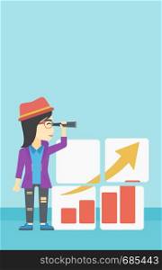 An african business woman looking through a spyglass at chart. Woman searching opportunities for business growth. Business vision concept. Business vector flat design illustration. Vertical layout.. Woman searching opportunities for business growth.