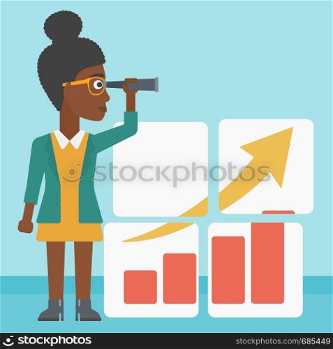 An african business woman looking through a spyglass at chart. Woman searching opportunities for business growth. Business vision concept. Business vector flat design illustration. Square layout.. Woman searching opportunities for business growth.
