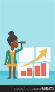 An african business woman looking through a spyglass at chart. Woman searching opportunities for business growth. Business vision concept. Business vector flat design illustration. Vertical layout.. Woman searching opportunities for business growth.
