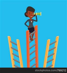 An african business woman searching for opportunities. Business woman using spyglass for searching of opportunities. Business opportunities concept. Vector flat design illustration. Square layout.. Business woman looking for business opportunities.