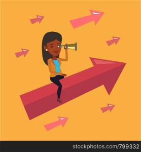An african business woman searching for opportunities. Business woman using spyglass for searching of opportunities. Business opportunities concept. Vector flat design illustration. Square layout.. Business woman looking through spyglass.