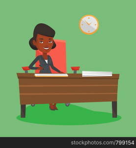 An african business woman signing contract in office. Woman is about to sign a business contract. Confirmation of transaction by signing of contract. Vector flat design illustration. Square layout. Signing of business contract vector illustration.