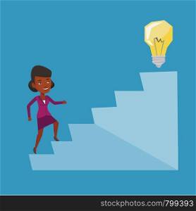An african business woman walking upstairs to the idea bulb. Business woman running on the stairs to get idea bulb on the top. Business idea concept. Vector flat design illustration. Square layout.. Business woman walking upstairs to the idea bulb.