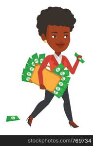 An african business woman with briefcase full of money committing economic crime. Business woman stealing money. Economic crime concept. Vector flat design illustration isolated on white background.. Businessman with briefcase full of money.