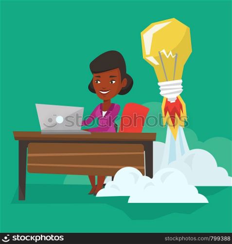 An african business woman working on laptop in office and idea bulb taking off behind her. Woman having business idea. Successful business idea concept. Vector flat design illustration. Square layout. Successful business idea vector illustration.