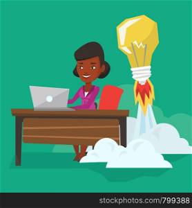 An african business woman working on laptop in office and idea bulb taking off behind her. Woman having business idea. Successful business idea concept. Vector flat design illustration. Square layout. Successful business idea vector illustration.
