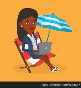 An african business woman working on the beach. Business woman sitting in chaise lounge under beach umbrella. Business woman using laptop on the beach. Vector flat design illustration. Square layout.. Businesswoman working on laptop at the beach.