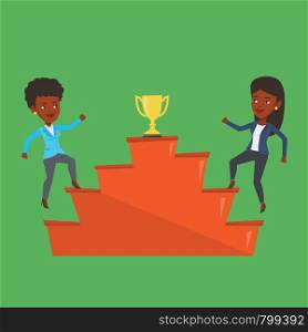 An african business women competing to get golden trophy. Two competitive business women running up for the winner cup. Business competition concept. Vector flat design illustration. Square layout.. Two women competing for the business award.