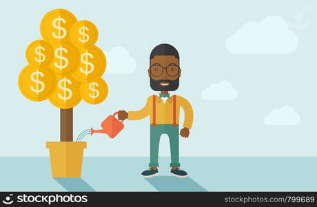 An african businessma standing while happily watering a money tree growing bigger in a pot as a sign of his success in business. Hardworking concept. A contemporary style with pastel palette soft blue tinted background. Vector flat design illustration. Horizontal layout.. African businessman happily watering the money tree.