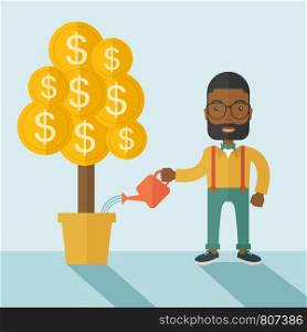 An african businessma standing while happily watering a money tree growing bigger in a pot as a sign of his success in business. Hardworking concept. A contemporary style with pastel palette soft blue tinted background. Vector flat design illustration. Square layout. African businessman happily watering the money tree.