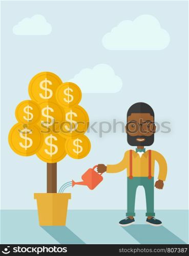 An african businessma standing while happily watering a money tree growing bigger in a pot as a sign of his success in business. Hardworking concept. A contemporary style with pastel palette soft blue tinted background with desaturated clouds. Vector flat design illustration. Vertical layout.. African businessman happily watering the money tree.
