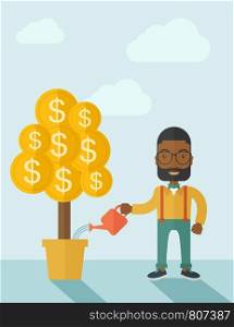 An african businessma standing while happily watering a money tree growing bigger in a pot as a sign of his success in business. Hardworking concept. A contemporary style with pastel palette soft blue tinted background with desaturated clouds. Vector flat design illustration. Vertical layout.. African businessman happily watering the money tree.