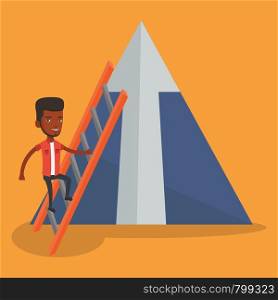 An african businessman climbing the ladder. Businessman climbing on mountain with arrow going up. Businessman climbing upward on the top of mountain. Vector flat design illustration. Square layout.. Businessman climbing on mountain.