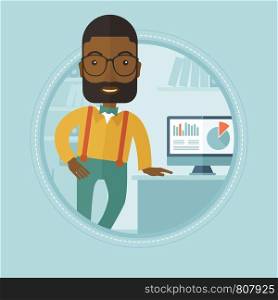 An african businessman leaning on a table in office during business presentation. Man giving business presentation. Business presentation in progress. Vector flat design illustration in the circle.. Businessman giving business presentation.