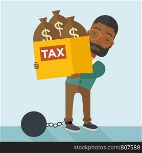 An african businessman locked in a debt ball in chain for commiting crime in tax ivasion. Debt concept. A Contemporary style with pastel palette, soft blue tinted background. Vector flat design illustration. Square layout. . African Businessman locked in a debt ball and chain.